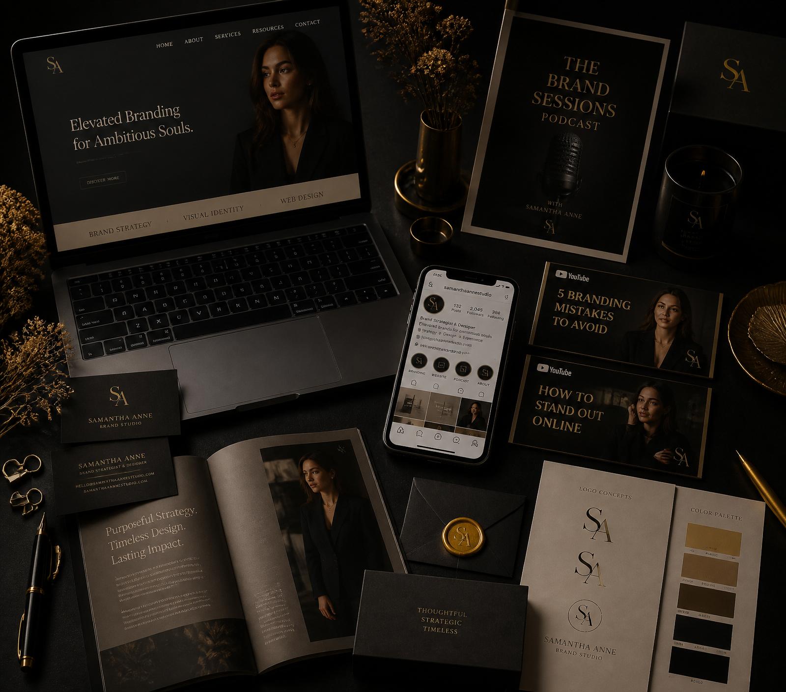 A luxury creative workspace featuring logo concepts, YouTube thumbnails, podcast art, and elegant printed materials